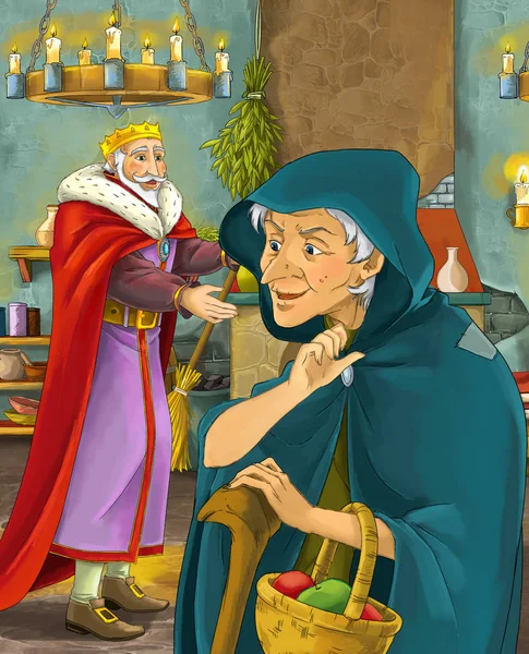 王と魔女の話を子供のための図のような老婦人の漫画シーン — ストック写真
