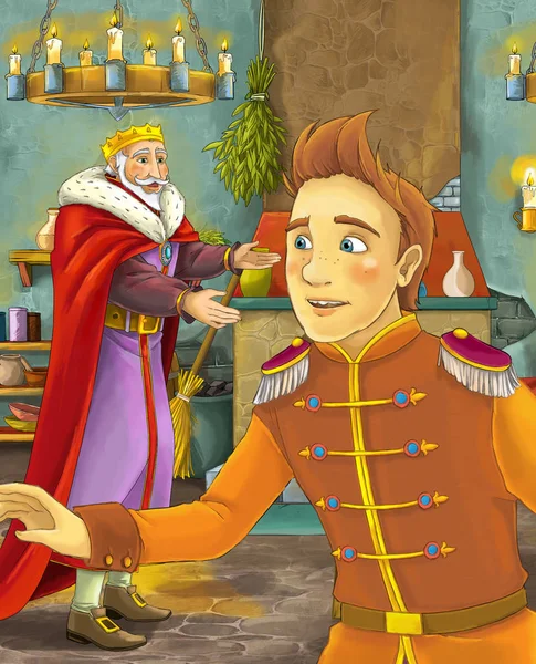 Kreskówka Scena Szczęśliwy Król Rozmawia Niektórych Messanger Lub Książę Ilustracja — Zdjęcie stockowe