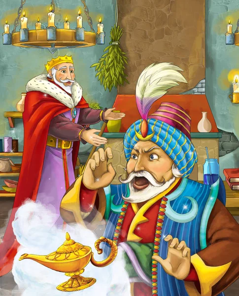cartoon scene with happy king talking to some messanger or other king - illustration for children