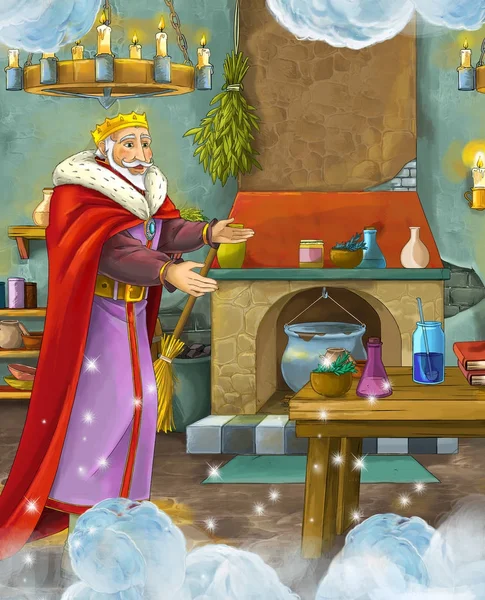 卡通场景与快乐的国王站在厨房与魔术灯 儿童插画 — 图库照片