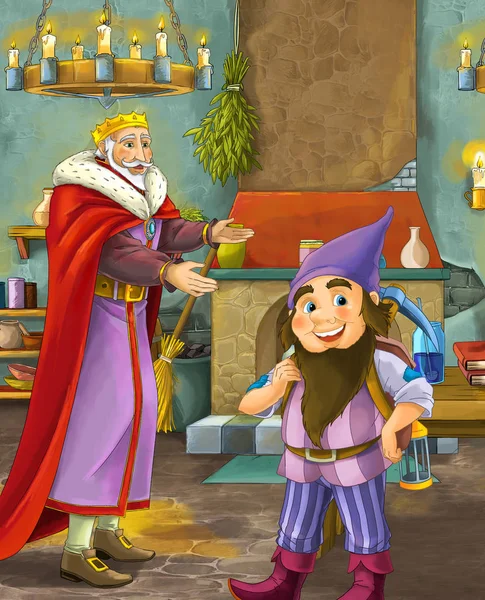 cartoon scene with happy king standing the kitchen and talking with a dwarf illustration for children