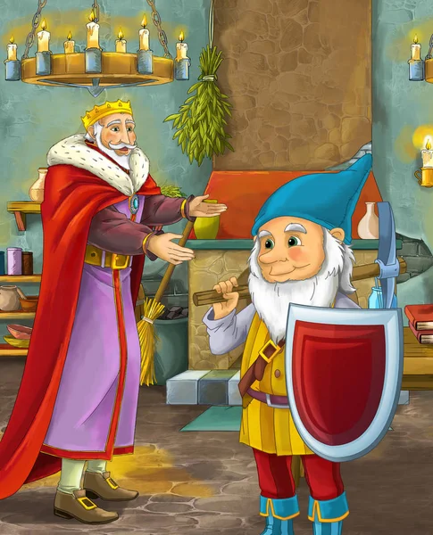 Cartoon Scene Happy King Standing Kitchen Talking Dwarf Illustration Children — Stock Photo, Image