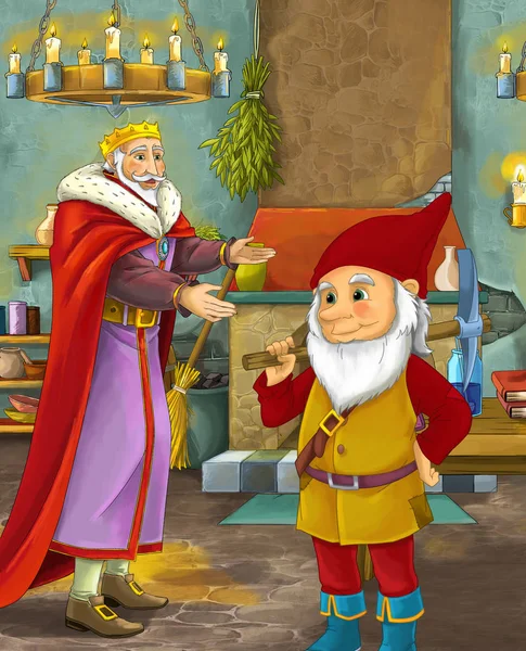 Cartoon Scene Happy King Standing Kitchen Talking Dwarf Illustration Children — Stock Photo, Image