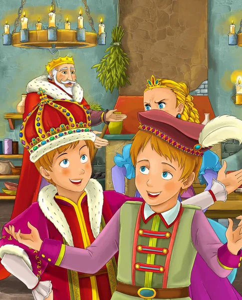 Kreskówka Scena Szczęśliwy Król Rozmawia Niektórych Messanger Lub Książąt Ilustracja — Zdjęcie stockowe