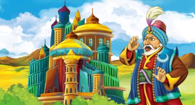 çizgi film sahne bazı Kalesi - illüstrasyon çocuklar için önünde duran king ile