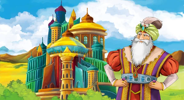 Cartoon Scene King Standing Front Some Castle Illustration Children — Stock Photo, Image