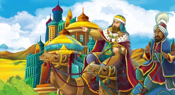 卡通场面与国王在城堡前面看它 例证为孩子 — 图库照片