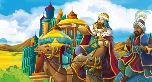 Cartoon Scene Kings Front Castle Looking Illustration Children — Stock Photo, Image