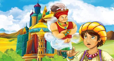 çizgi film sahne Prens ya da büyücü cetvel kalenin - illüstrasyon çocuklar için Toplantı Kral ile 