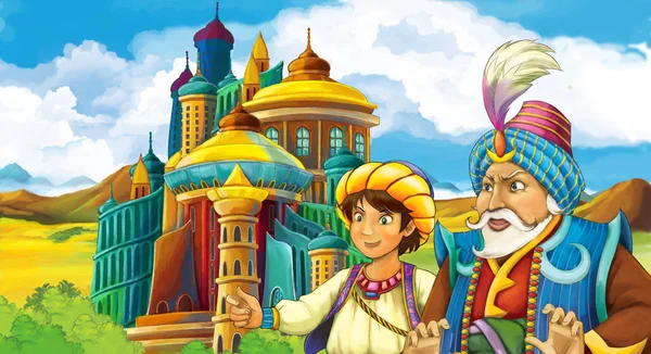 cartoon scene with king and prince standing in front of some castle - illustration for the children