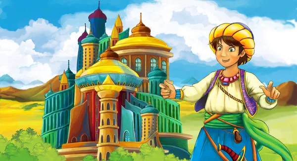 卡通场面与王子在美丽的城堡附近 例证为孩子 — 图库照片