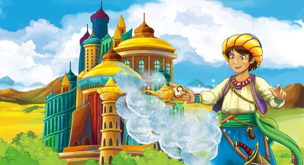 Scena Dei Cartoni Animati Con Principe Vicino Bellissimo Castello Illustrazione — Foto Stock