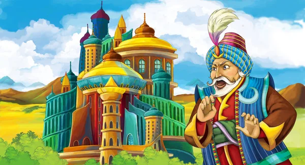 Γελοιογραφία Σκηνή Βασιλιά Στέκεται Μπροστά Από Κάποιο Κάστρο Εικονογράφηση Για — Φωτογραφία Αρχείου