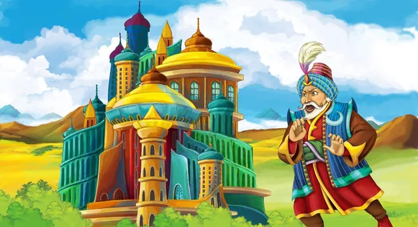卡通场面与国王站立在一些城堡前面 例证为孩子 — 图库照片