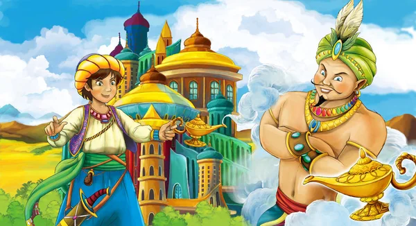 Cartoon Scene Prince King Meeting Sorcerer Ruler Castle Illustration Children — Stock Photo, Image