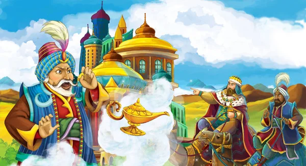 Cartoon Scene Prince Magician Looking Travelers Camels Background Sorcerer Flying — стоковое фото