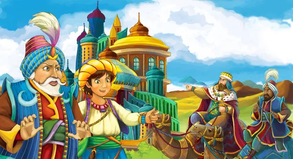 cartoon scene with father and son meeting travelers on camels near the beautiful palace -illustration for children