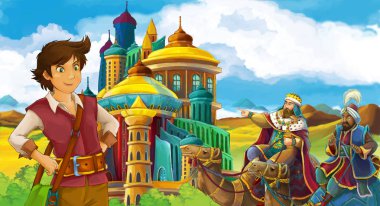 Prens ya da sihirbaz seyir ile çizgi film sahne seyahat etmek içinde belgili tanımlık geçmiş - Develer üzerinde büyücü şehir - illüstrasyon çocuklar için üzerinde uçan