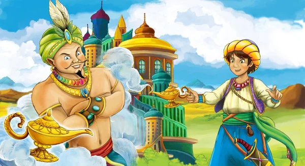 cartoon scene with prince or king meeting sorcerer ruler of the castle - illustration for children