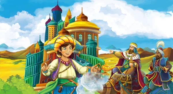 王子や魔術師を探していると漫画のシーンを背景に ラクダに出張で魔術師がシティ 子供のための図上空を飛んで — ストック写真