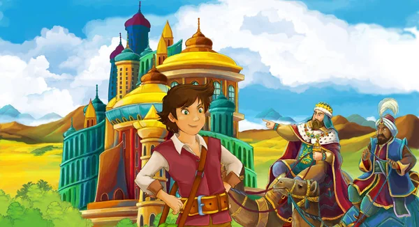 Scène Bande Dessinée Avec Prince Magicien Regardant Des Voyageurs Sur — Photo