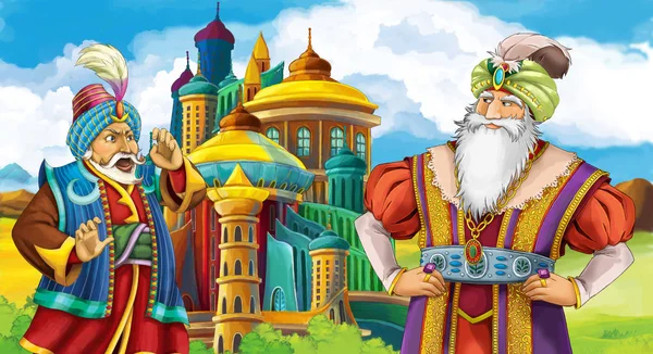 Cartoon Scen Med Två Kungar Talar Till Varandra Nära Vackra — Stockfoto