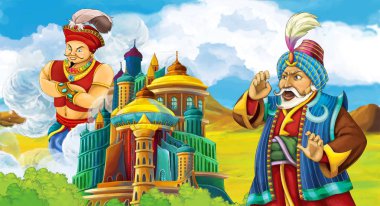 çizgi film sahne Prens ya da büyücü cetvel kalenin - illüstrasyon çocuklar için Toplantı Kral ile