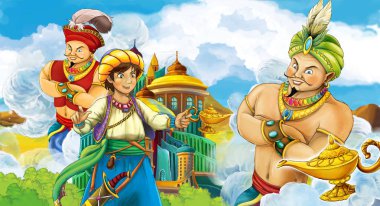 çizgi film sahne Prens ya da büyücü cetveller kalenin - illüstrasyon çocuklar için Toplantı Kral ile