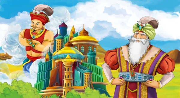 Zeichentrickszene Mit Prinz Oder König Trifft Zauberer Herrscher Der Burg — Stockfoto