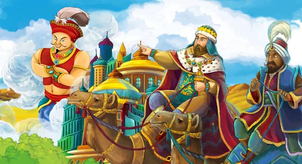 卡通场面与国王在城堡前面看在飞行魔术师 例证为孩子 — 图库照片