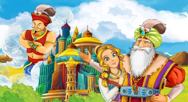 cartoon scene with prince or king and princess meeting sorcerer ruler of the castle - illustration for children
