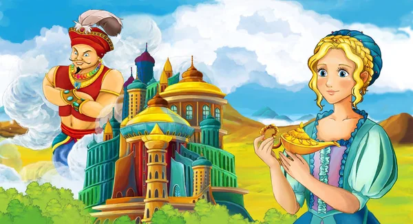 Kreslený Scény Princeznou Nedaleko Krásného Hradu Při Pohledu Obří Kouzelník — Stock fotografie