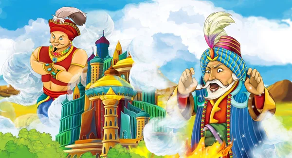cartoon scene with prince or king meeting sorcerer ruler of the castle - illustration for children