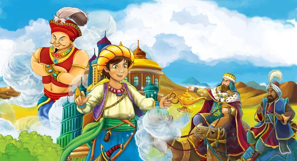 Cartoon Scene Prince Magician Looking Travelers Camels Background Sorcerer Flying — стоковое фото