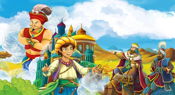 Cartoon Scene Prince Magician Looking Travelers Camels Background Sorcerer Flying — стоковое фото