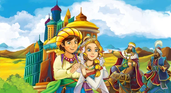 卡通场面与王子和公主会议皇家旅行者在城堡附近 例证为孩子 — 图库照片
