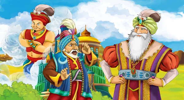 cartoon scene with princes or kings meeting sorcerer ruler of the castle - illustration for children