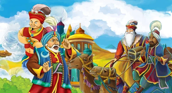Cartoon Scene Prince Magician Looking Travelers Camels Background Sorcerer Flying — стоковое фото