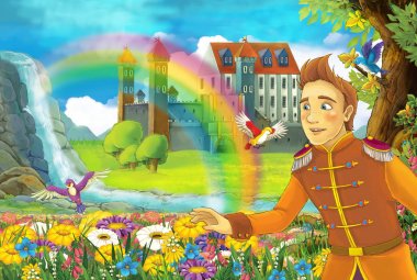 çizgi film masal Sahne alanında yakışıklı prens ile tam çiçek küçük şelale renkli gökkuşağı ve çocuklar için büyük kale illüstrasyon