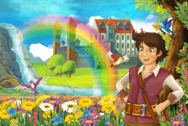 çizgi film masal Sahne alanında yakışıklı prens ile tam çiçek küçük şelale renkli gökkuşağı ve çocuklar için büyük kale illüstrasyon