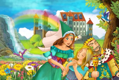 çizgi film sahne Kral ve prensesler - baba ve çocuklar için illüstrasyon konuşmak kızları ile