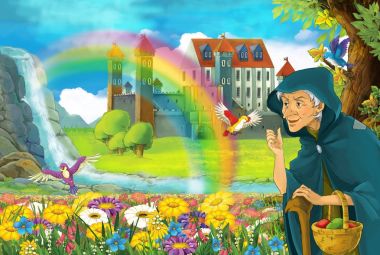 çizgi film masal Sahne alanında yaşlı kadın ile tam çiçek küçük şelale renkli gökkuşağı ve çocuklar için büyük kale illüstrasyon