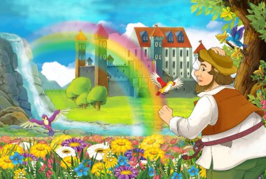 Çizgi film sahne çiçek çalışan çiftçi ile güzel gökkuşağı şelale ve kale - illüstrasyon çocuklar için alan