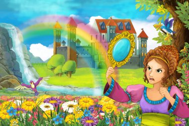 çizgi film masal Sahne alanında güzel prenses ile tam çiçek küçük şelale renkli gökkuşağı ve çocuklar için büyük kale illüstrasyon