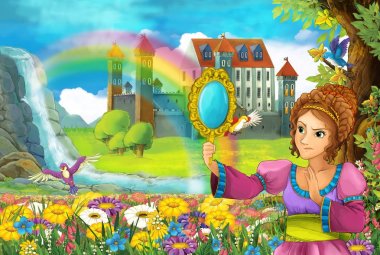 çizgi film masal Sahne alanında güzel prenses ile tam çiçek küçük şelale renkli gökkuşağı ve çocuklar için büyük kale illüstrasyon