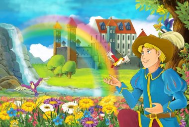 çizgi film masal Sahne alanında yakışıklı prens ile tam çiçek küçük şelale renkli gökkuşağı ve çocuklar için büyük kale illüstrasyon