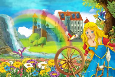 çizgi film masal Sahne alanında güzel prenses ile tam çiçek küçük şelale renkli gökkuşağı ve çocuklar için büyük kale illüstrasyon