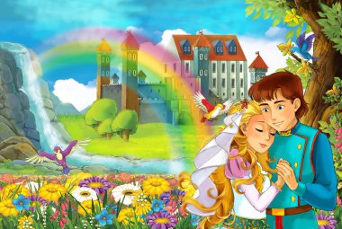 çizgi film masal sahne güzel Prens ve Prenses alanında tam çiçek küçük şelale renkli gökkuşağı ve çocuklar için büyük kale illüstrasyon