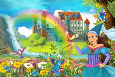 çizgi film masal Sahne alanında güzel prenses ile tam çiçek küçük şelale renkli gökkuşağı ve çocuklar için büyük kale illüstrasyon