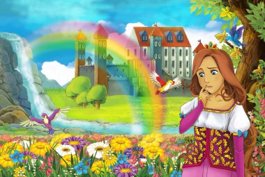 çizgi film masal Sahne alanında güzel prenses ile tam çiçek küçük şelale renkli gökkuşağı ve çocuklar için büyük kale illüstrasyon